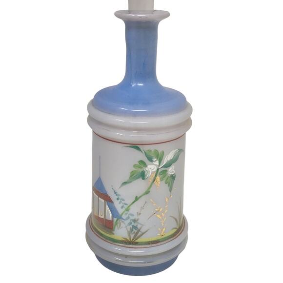 Vintage Hand Blown Bottle Hand Painted Blue & Gold Art Glass with Stopper - Picture 2 of 12